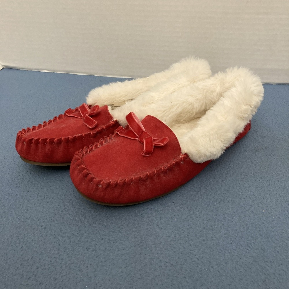 Talbots Ruby Red Suede Leather Faux Fur‎ Lined Moccasin Slippers - SZ 8M
